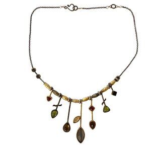 Q Evon Seven Stick Edge Mixed 18K Gold Statement Necklace Gemstone Jewelry